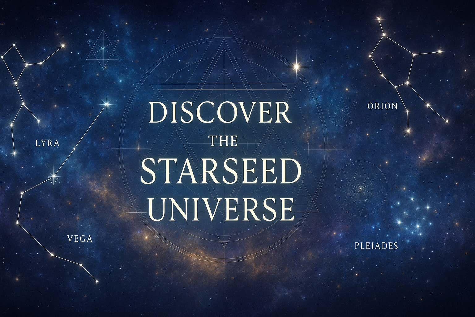 Starry night sky with constellations and text 'Discover the Starseed Universe' on a dark blue background.