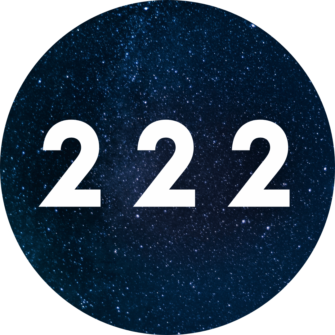 A circular graphic featuring the white numbers '222' centered over a dark blue, starry night-sky background.