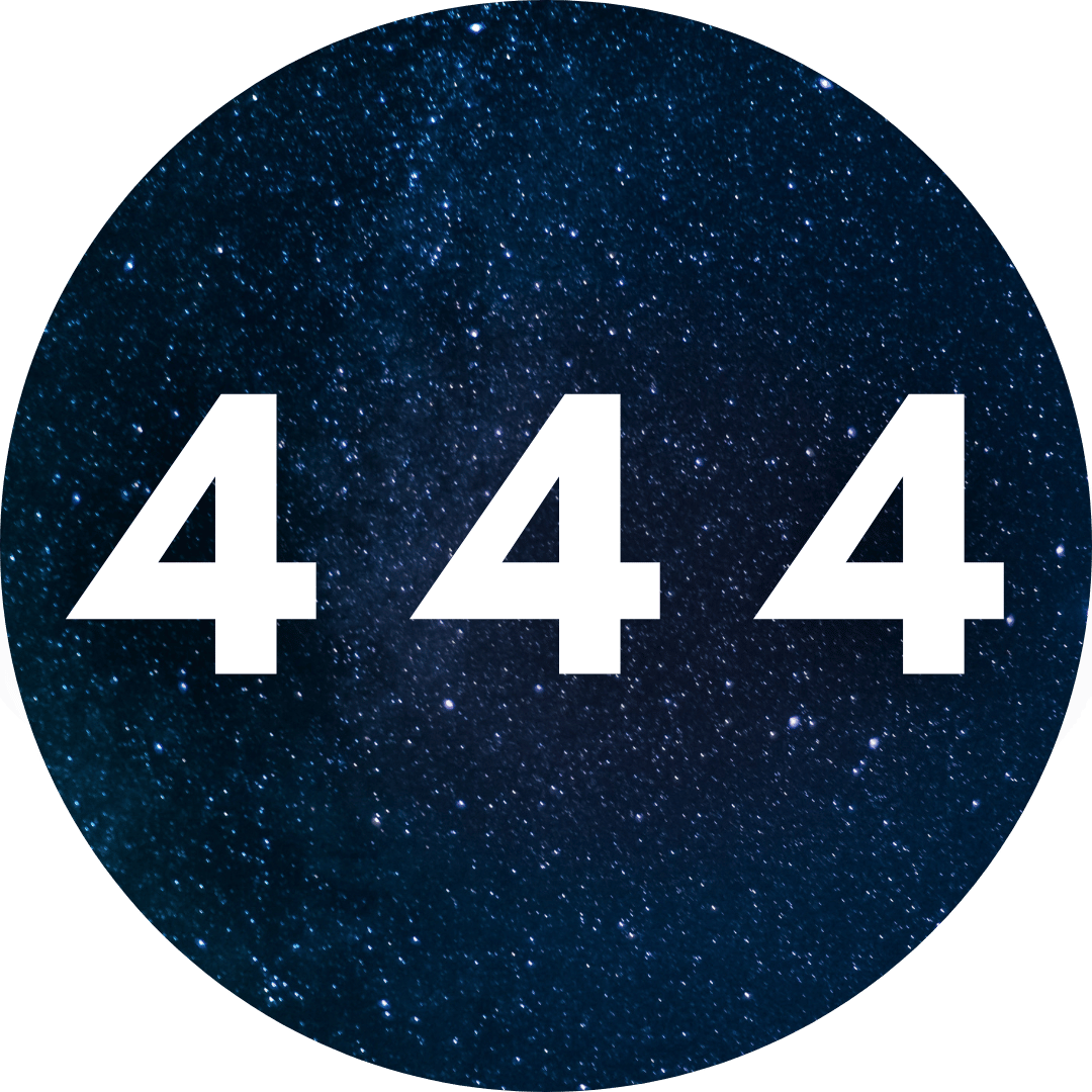 A circular graphic featuring the white numbers '444' centered on a dark blue starry space background.