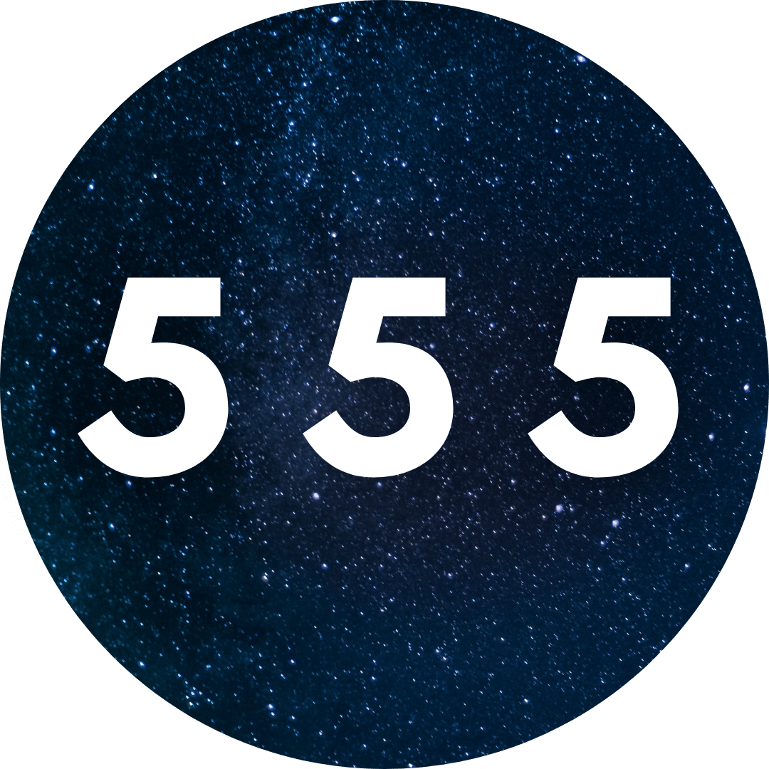 A circular graphic featuring the number 5 repeated three times in large white font against a dark starry night sky background.