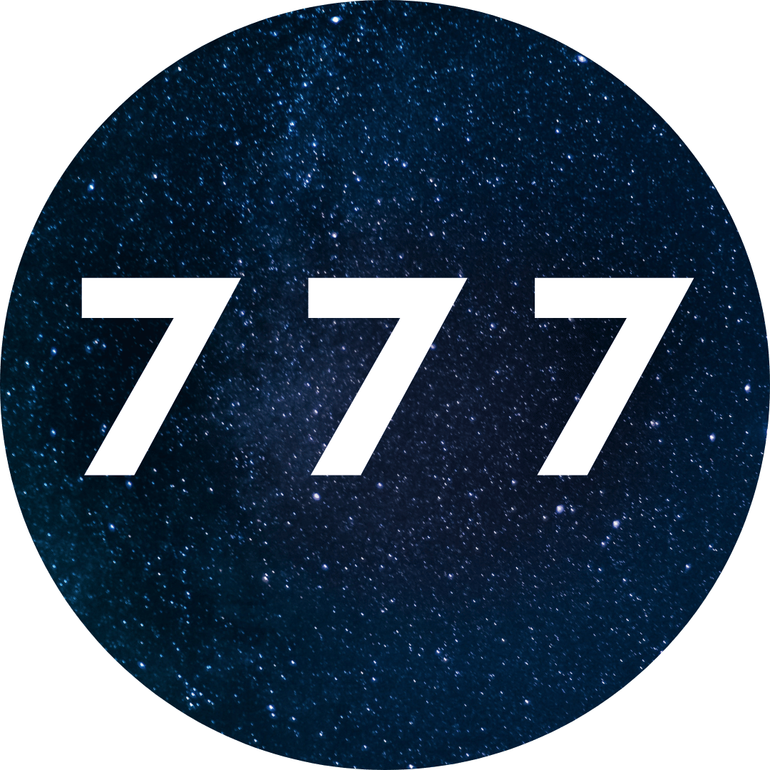A circular graphic featuring the white numerals '777' centered over a dark starry sky background with many small blue and white speckles.