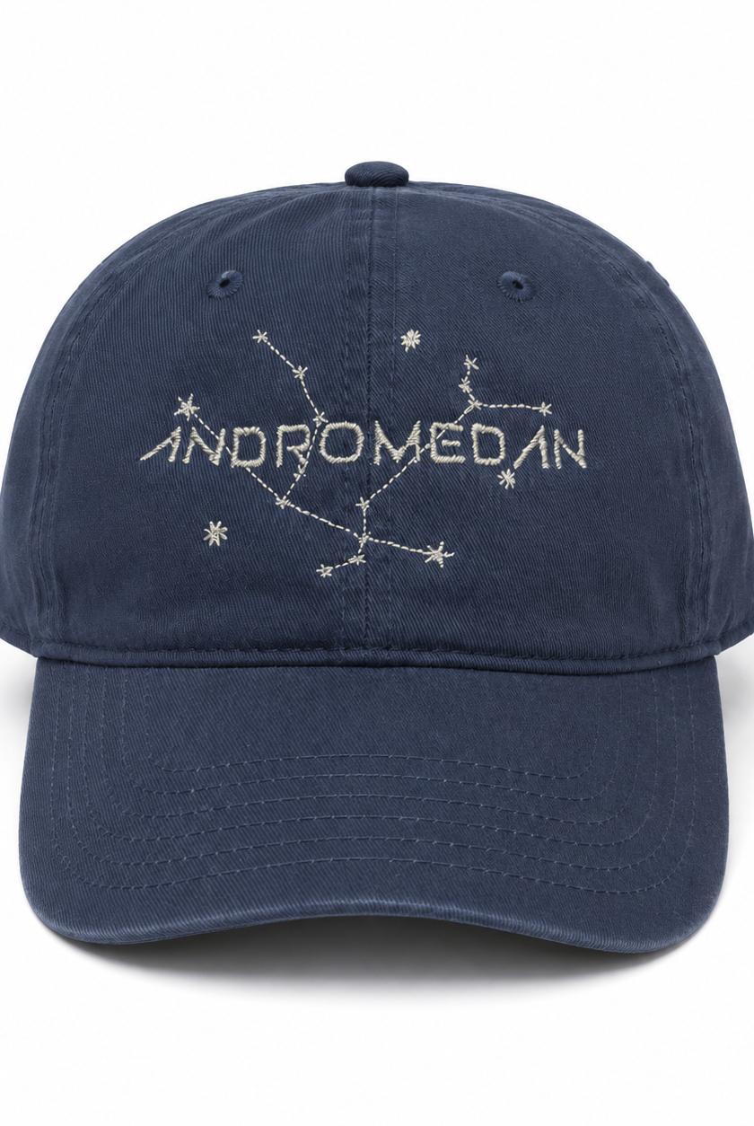 Andromedan Starseed embroidered vintage navy cotton baseball cap with silver metallic Andromeda constellation