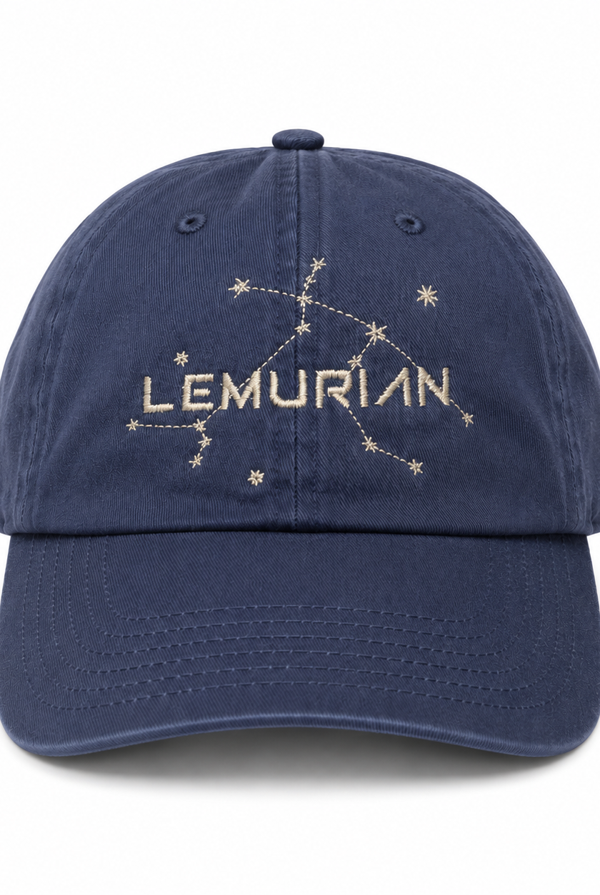 Lemurian Starseed vintage navy cotton baseball cap with silver metallic embroidered celestial design