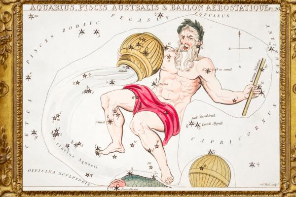 Astrological illustration of a man with celestial elements and constellations.