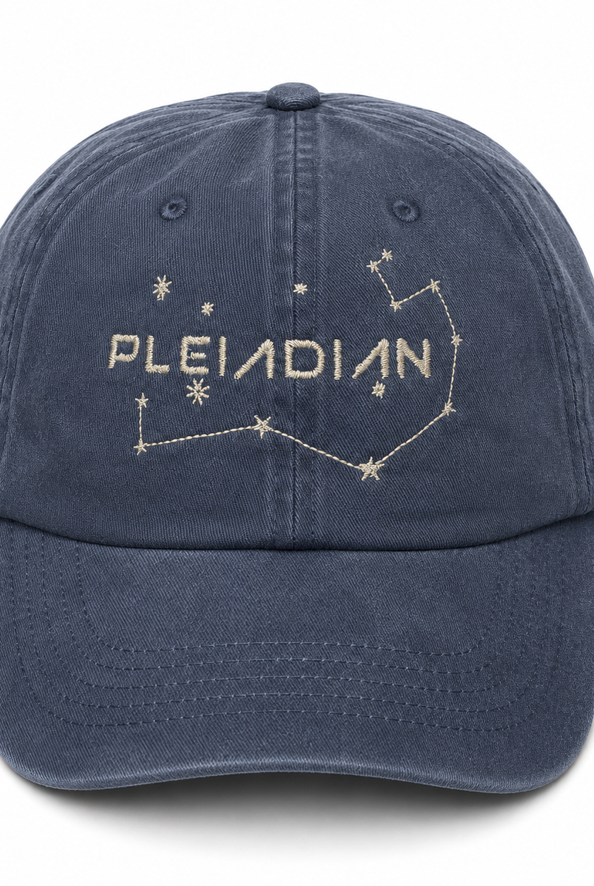 A navy blue cotton baseball cap with 'PLEIADIAN' and a constellation design embroidered in a metallic silver thread on the front, set against a plain white background.