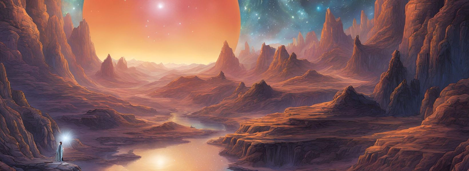 Desert landscape with a large orange planet in the sky
