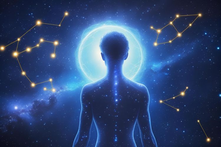 Silhouette of a person with a glowing blue circle around their head, set against a starry space background with constellations.
