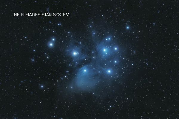 Star system of the Pleiades with bright blue stars against a dark starry background.