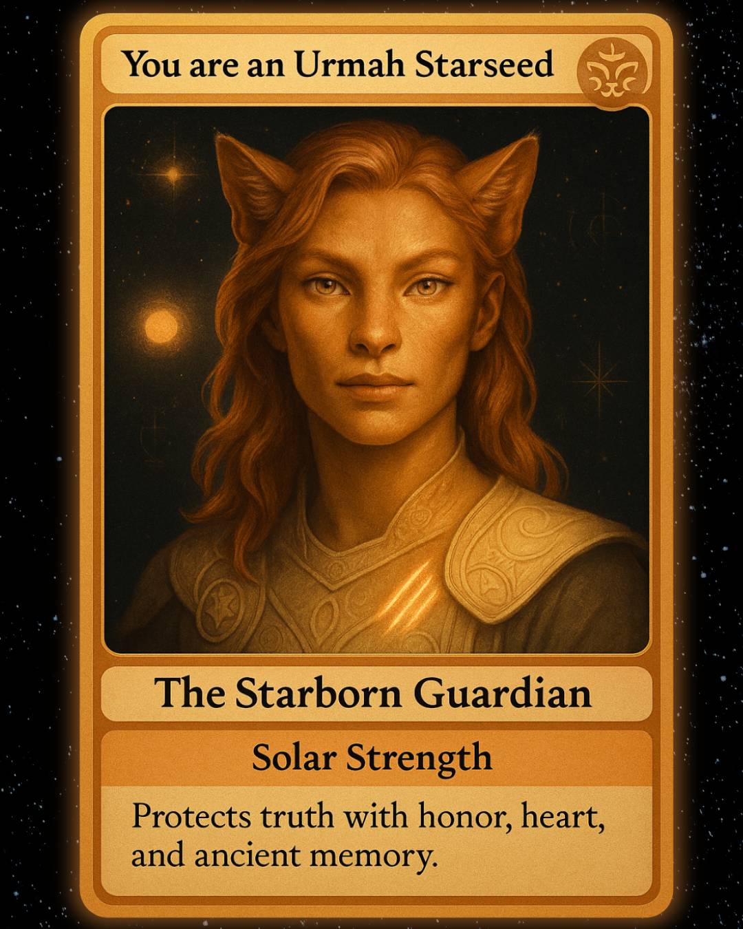 Card featuring an Urmah Alien Starseed with warrior attire and cat-like ears.