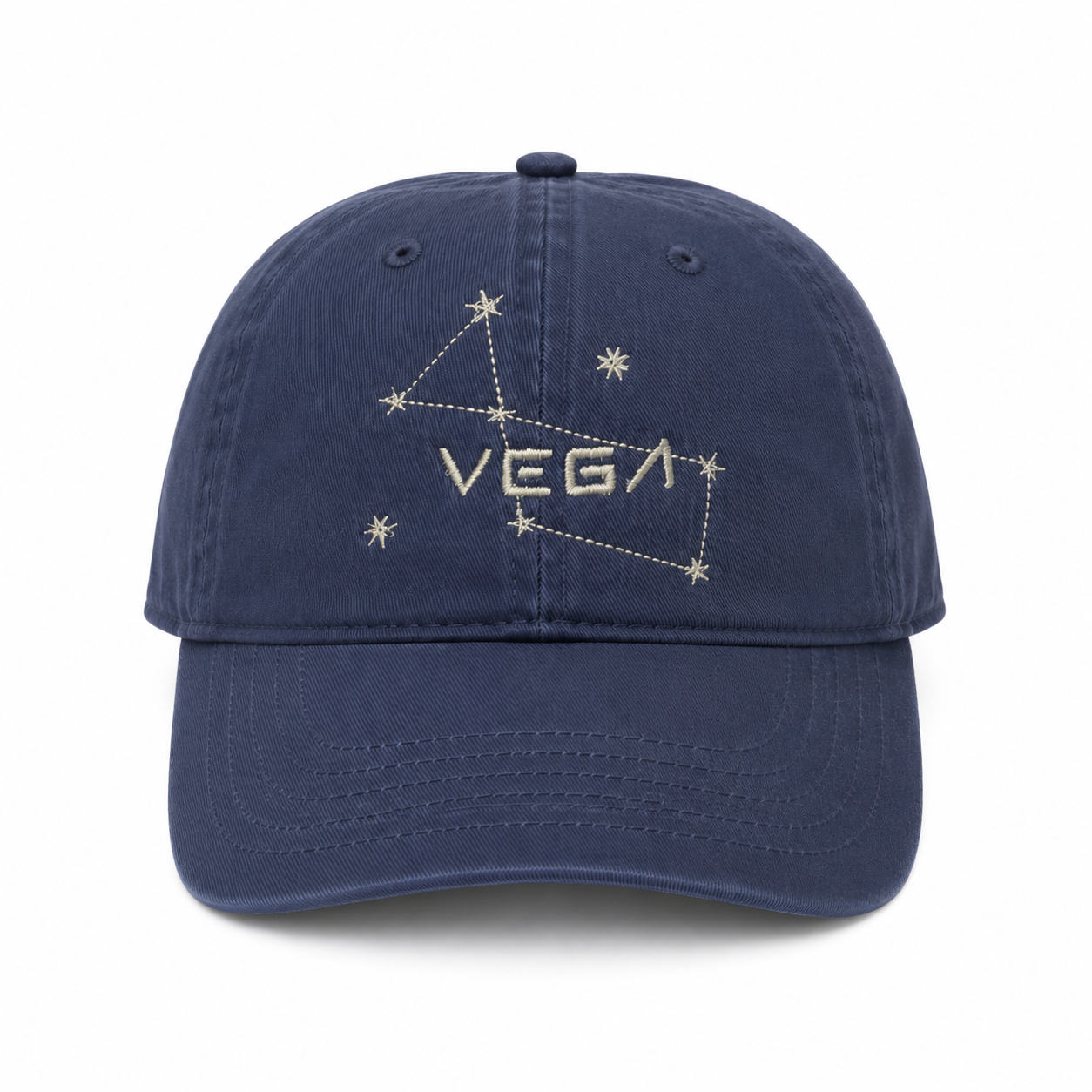 Vintage navy Vega Starseed baseball cap featuring the Lyra constellation embroidered in silver metallic thread.