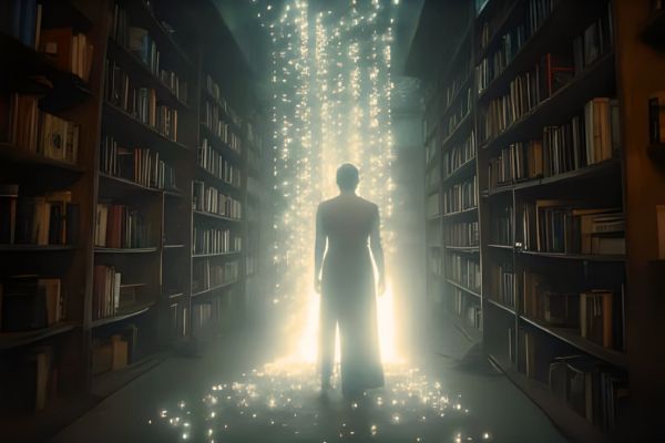Person standing in a library with a bright light at the end of a row of books
