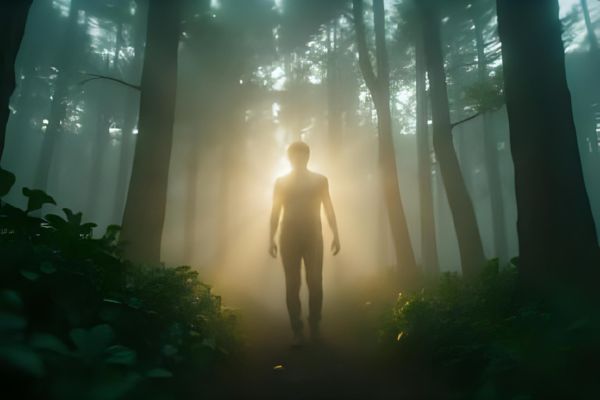glowing person in a forest