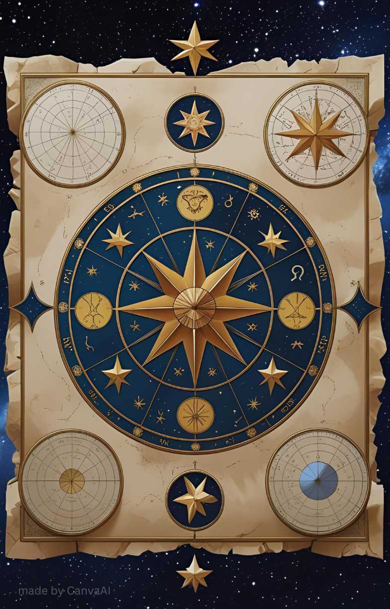 Decorative celestial design with stars and astrological symbols on a starry night background.