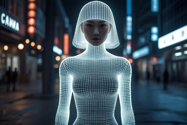 Wireframe human figure on a city street at night
