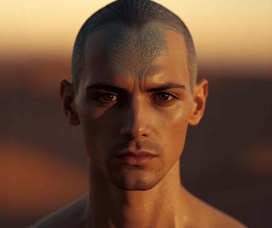 Man with a tattoo on his head against a blurred background