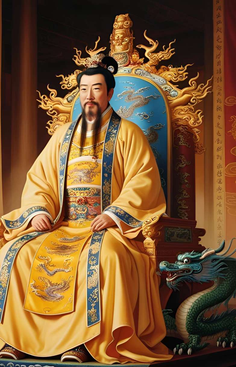 Traditional Chinese emperor in ornate robes with a dragon at his feet.