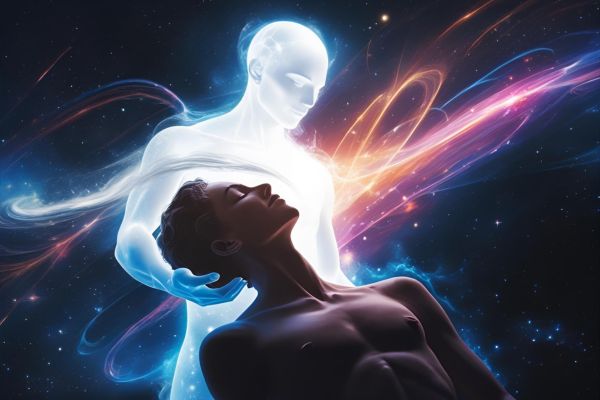 a man enveloped in a white halo glow embracing another person with a calm expression