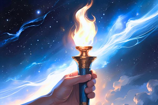 Hand holding a torch against a starry night sky with mystical energy effects.