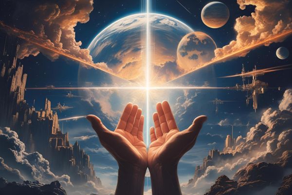hands opening with a cosmic and dimensional space behind them