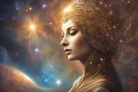 cosmic headdress on woman with celestial background