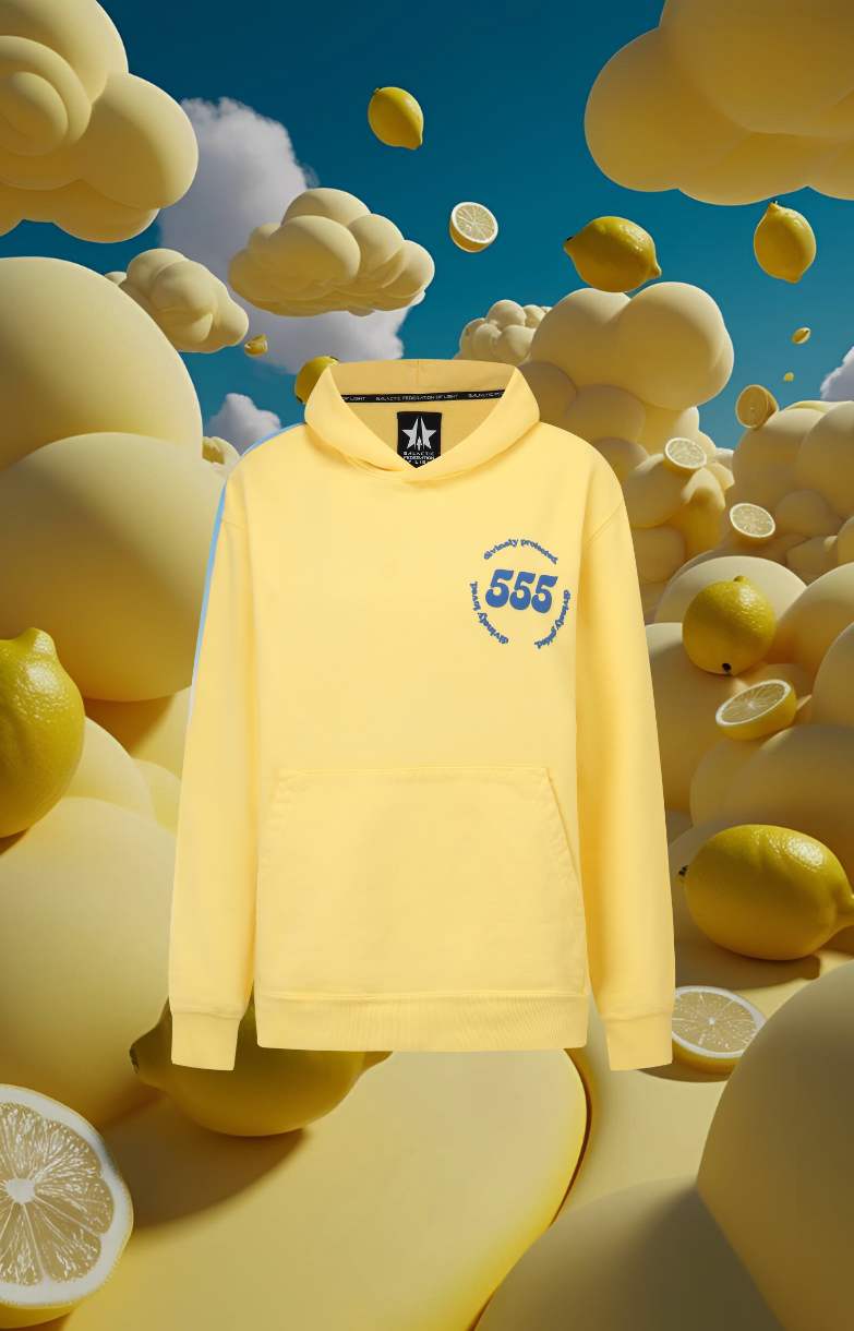 Yellow hoodie with blue logo on a background of lemons and clouds.