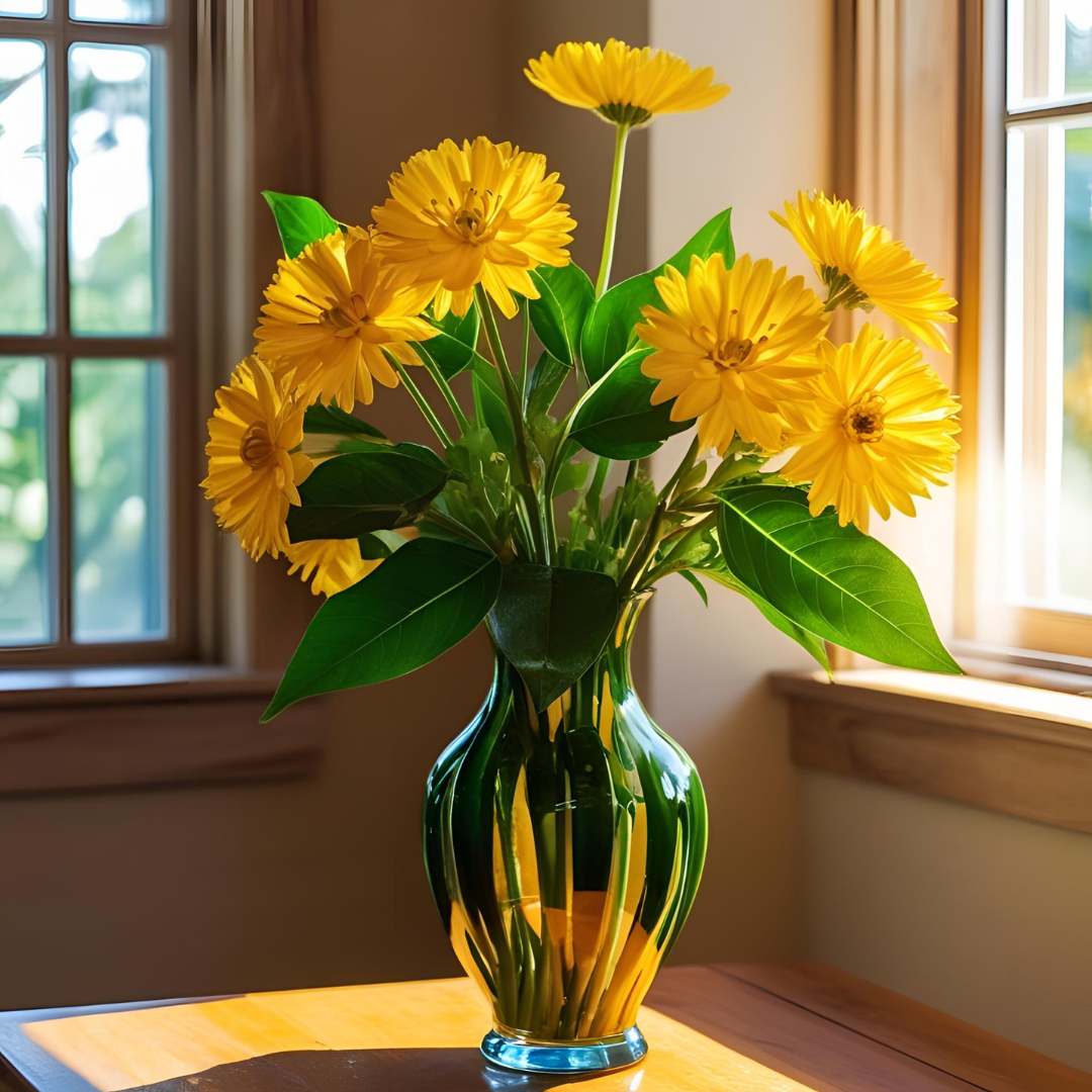 Bouquet of yellow flowers in a green vase on a table in a sunlit room.