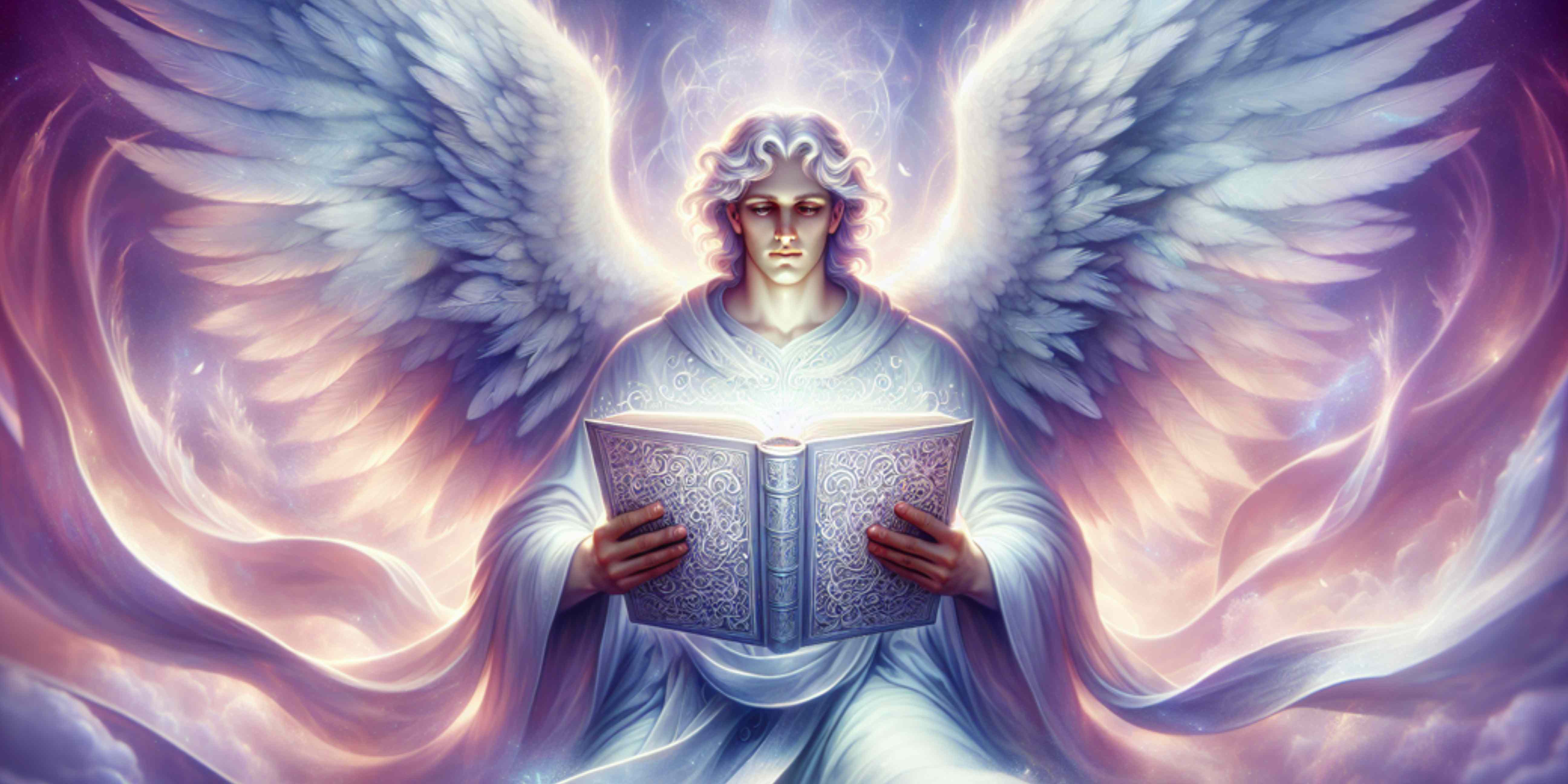 Illustration of a celestial scribe recording choices in the Book of Life