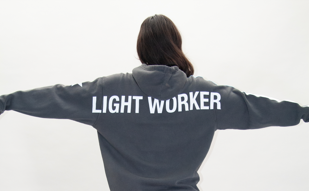A closeup of the Lightworker Hoodie sacred attire