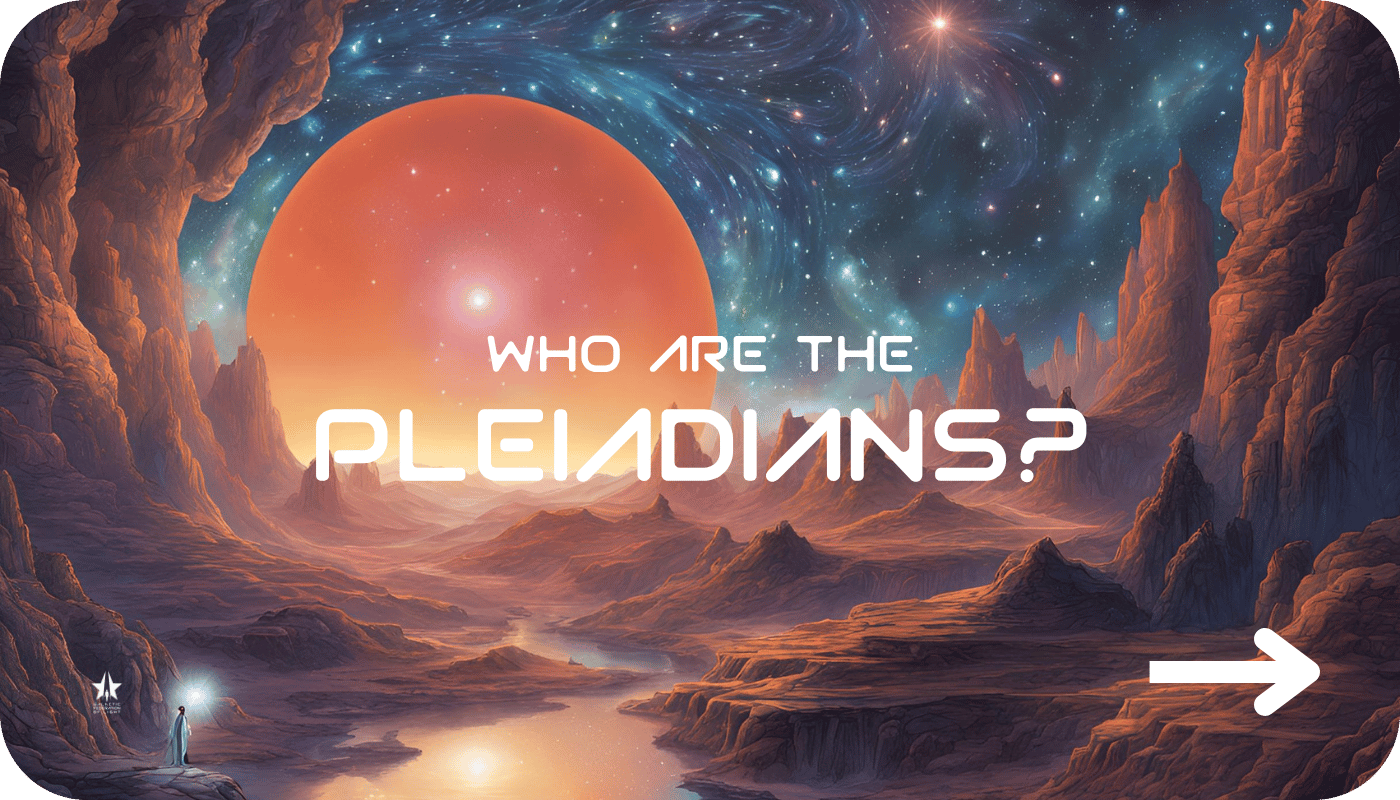 An alien landscape with Who are the Pleiadians? text in the center 