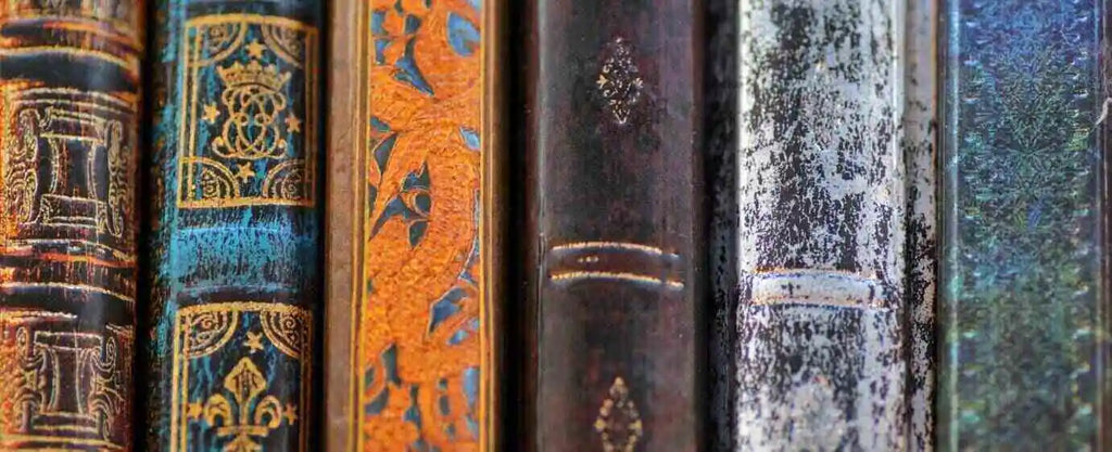 Antique books in the stacks of the Akashic library