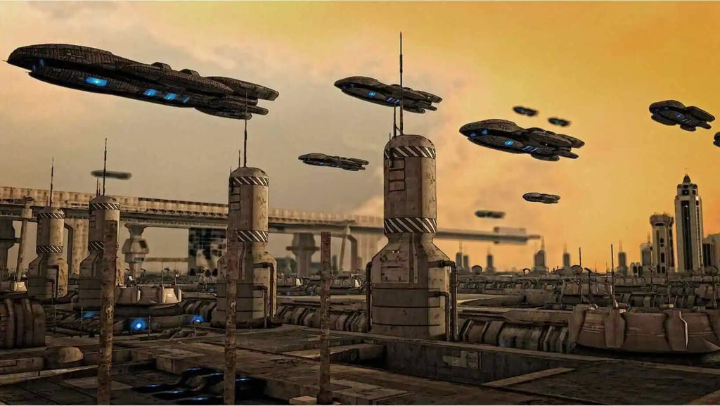 Galactic Federation ships fly over an alien city