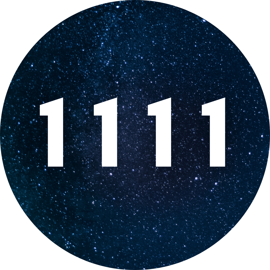 A circular graphic featuring the number '1111' in bold white font against a dark blue starry night sky background.
