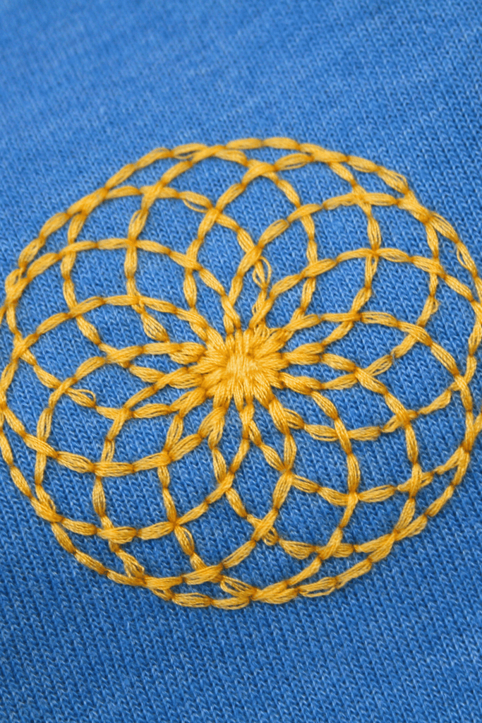 Yellow circular Lotus of Life embroidery pattern on blue fabric, imbued with sacred symbolism adorns the GFLApparel Lotus of Life Women's Crewneck.
