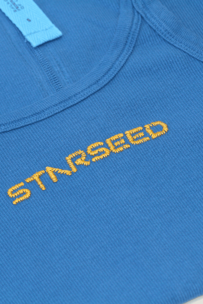 Close-up of blue fabric with the word "Stargazer" embroidered in yellow thread, featuring celestial symbolism on the GFLApparel Starseed Tank.