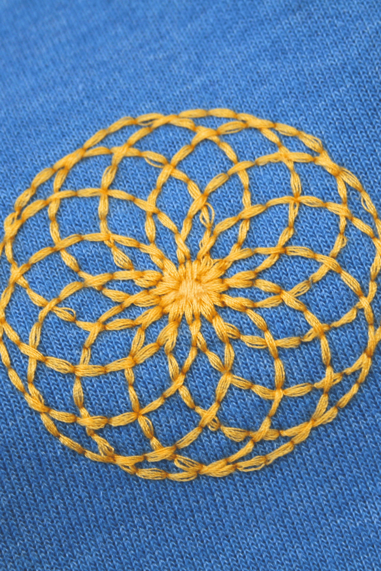 Yellow embroidered mandala design with spiritual symbolism on blue Lotus of Life Women's Sweatpants by GFLApparel.