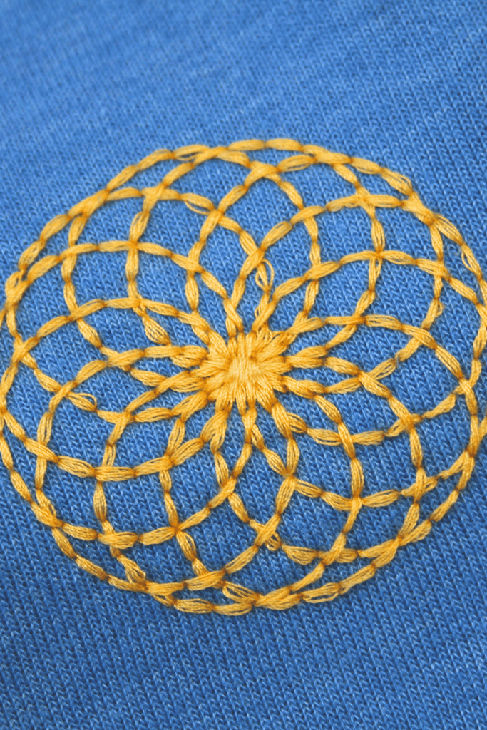 Yellow embroidered mandala design with spiritual symbolism on blue Lotus of Life Women's Sweatpants by GFLApparel.