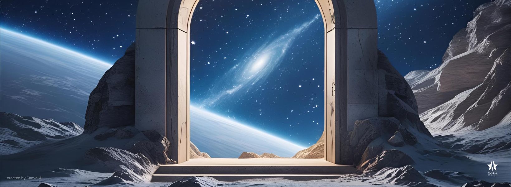 Artistic depiction of a futuristic window or portal showing Earth from space, set against a mountainous landscape.