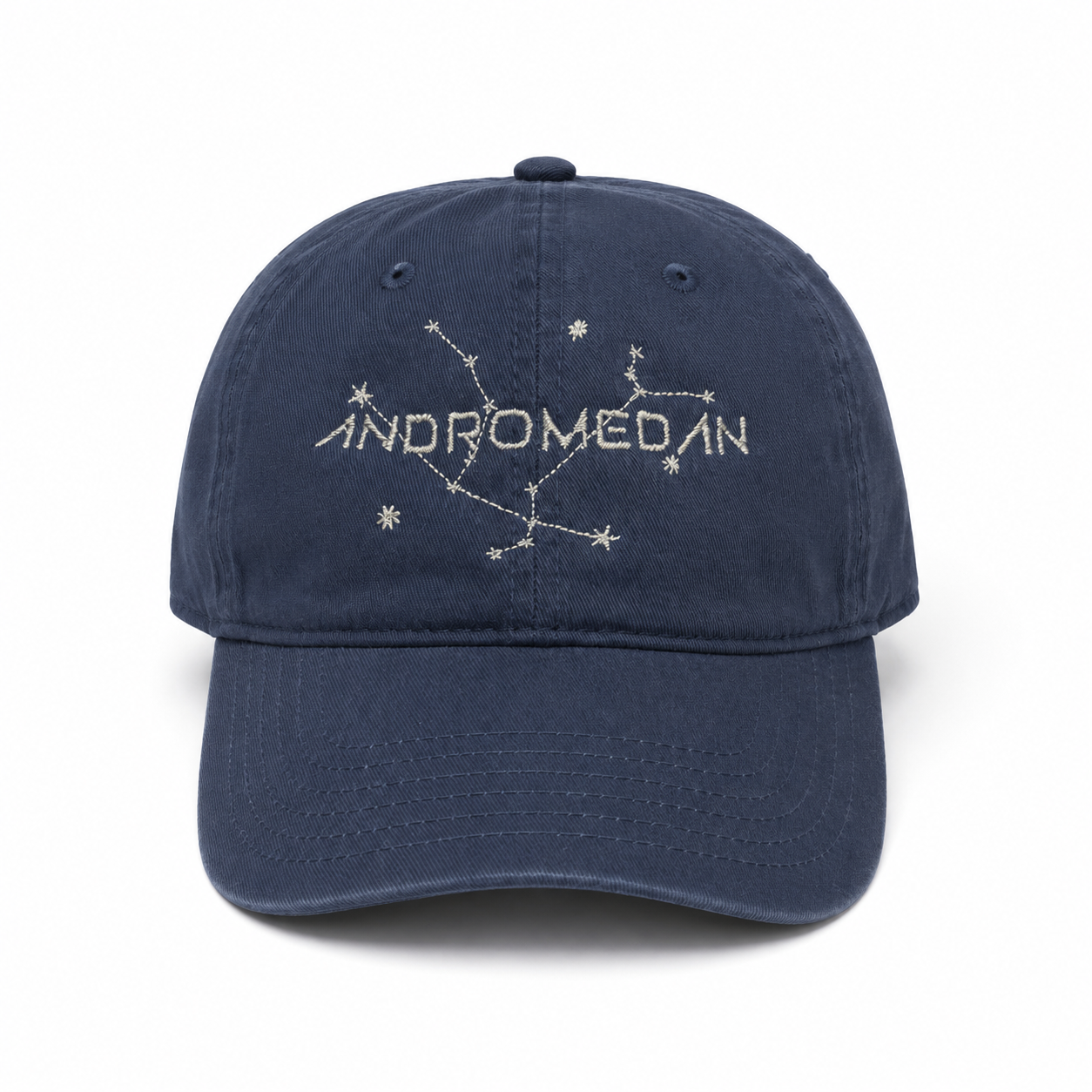 Andromedan Starseed embroidered vintage navy cotton baseball cap with silver metallic Andromeda constellation