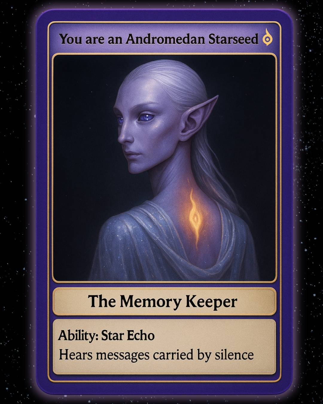 Card featuring an Andromedan Starseed with a glowing emblem and description of abilities.