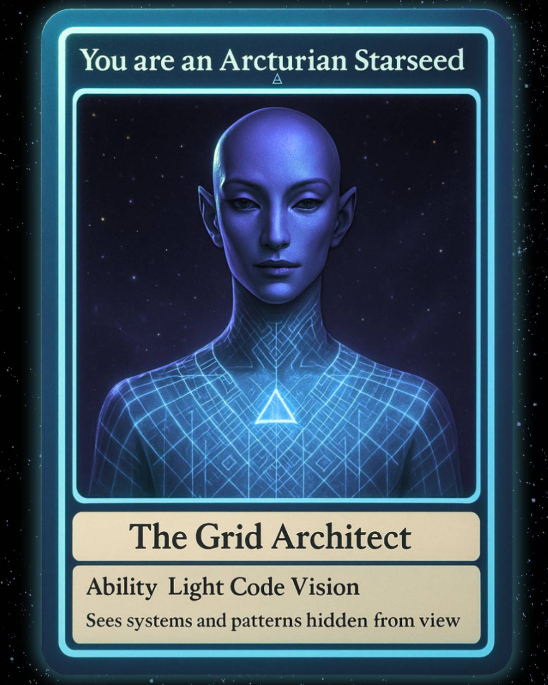 Card featuring an alien figure with a blue glow, labeled 'Arcturian Starseed' on a dark background.