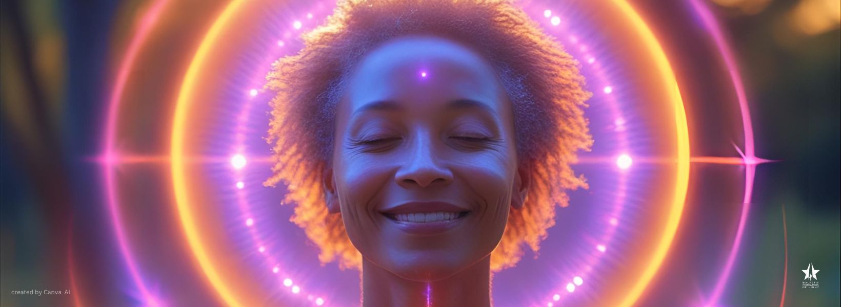 Woman with a radiant, glowing aura against a colorful, abstract background