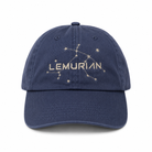 Lemurian Starseed vintage navy cotton baseball cap with silver metallic embroidered celestial design