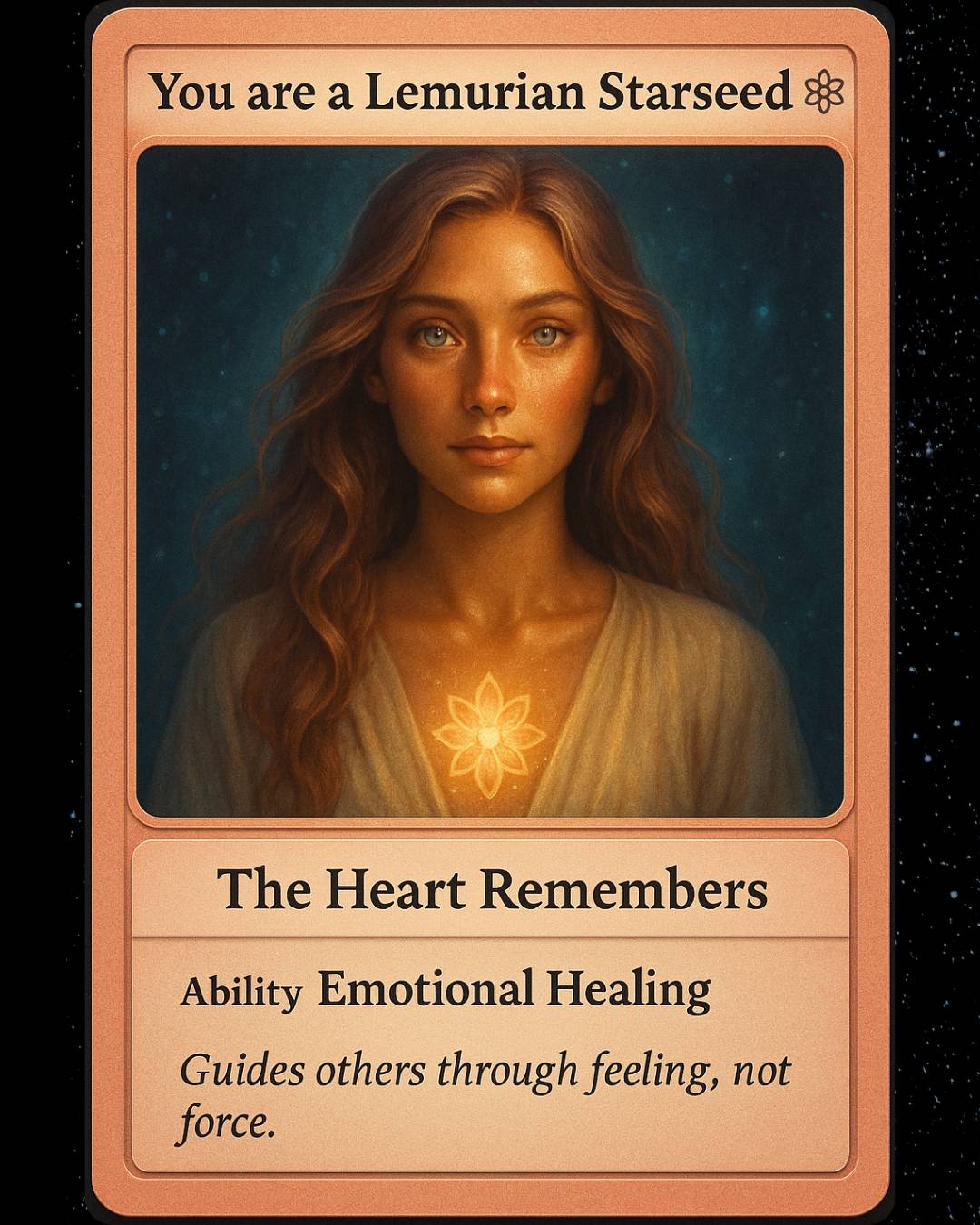 Card featuring a Lemurian starseed woman with a symbol and text about emotional healing.