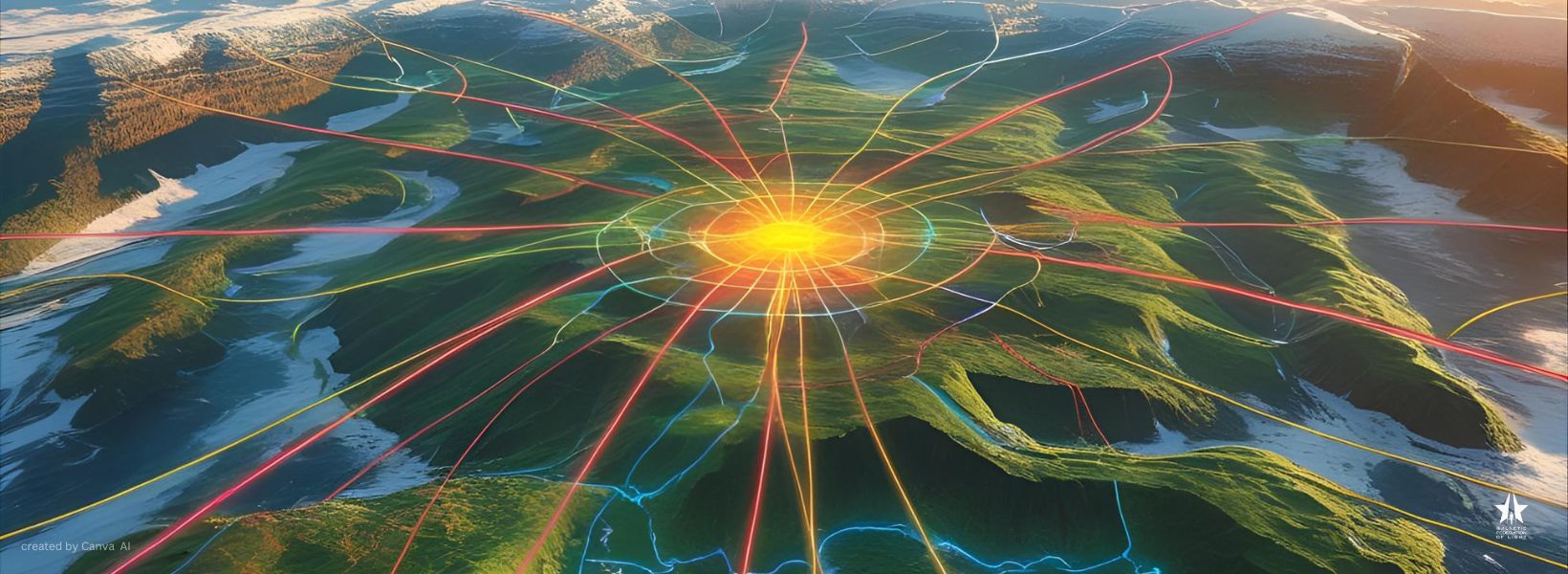 Geographical map with a radiant light effect overlay