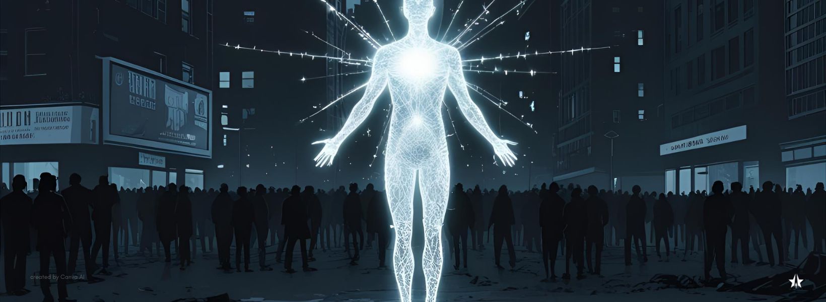 Holographic figure of a person in a city street at night
