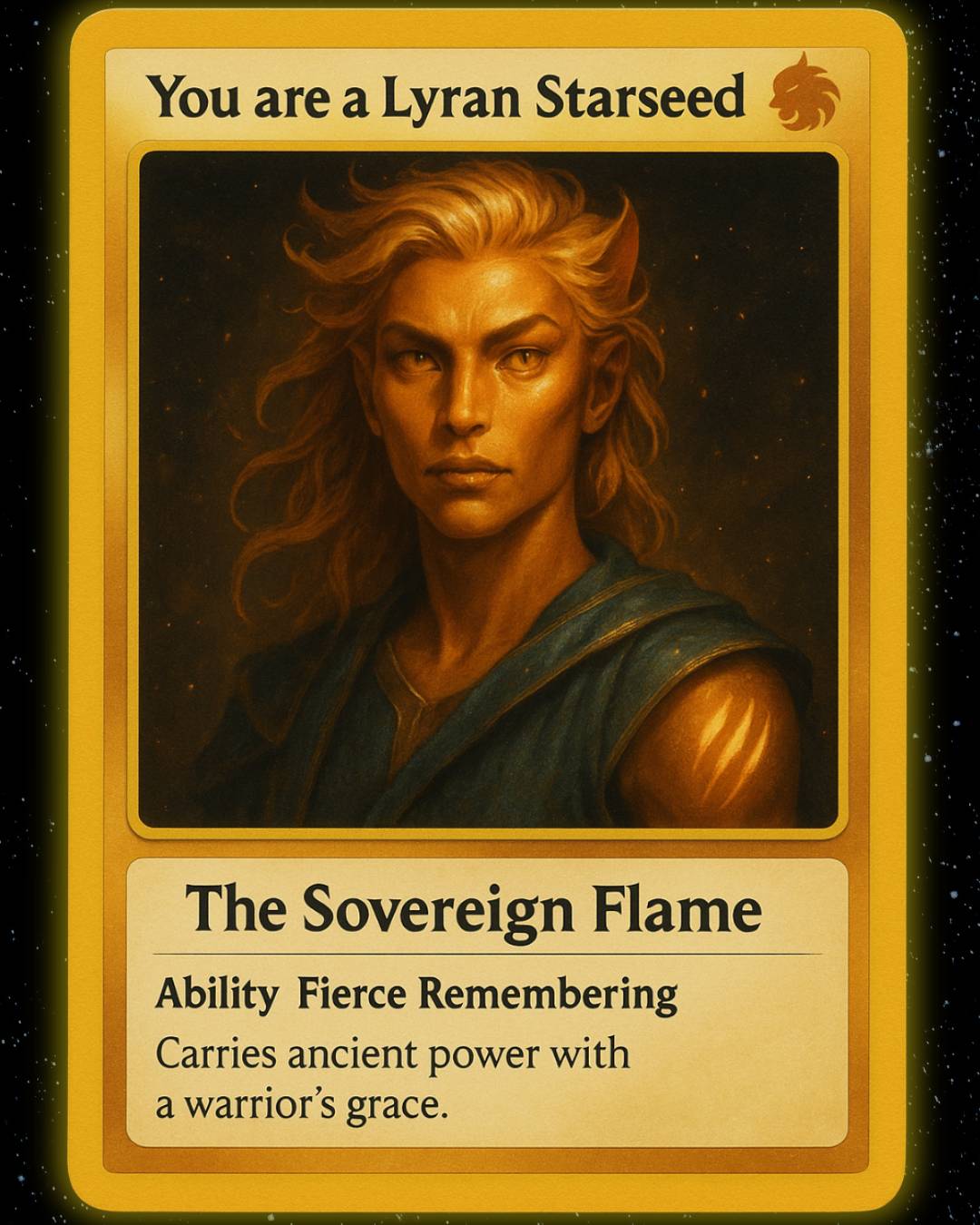 Card featuring a Lyrian Alien labeled 'You are a Lyran Starseed' with a portrait and text.