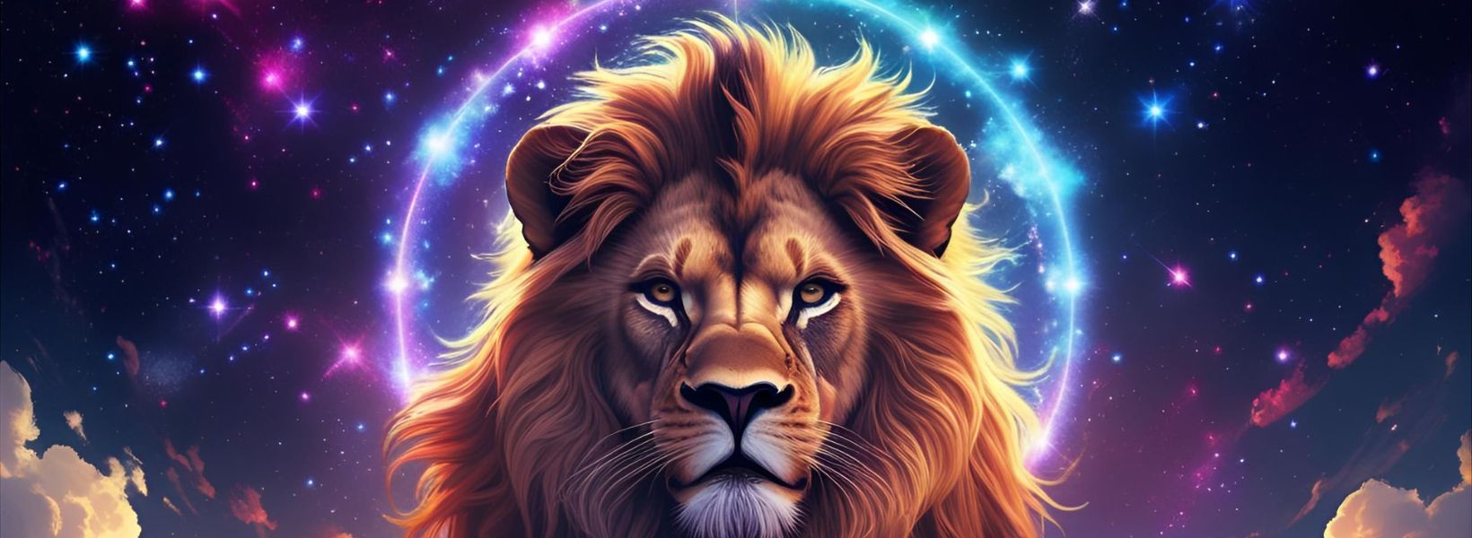 Lion with a cosmic background featuring stars and nebulae.