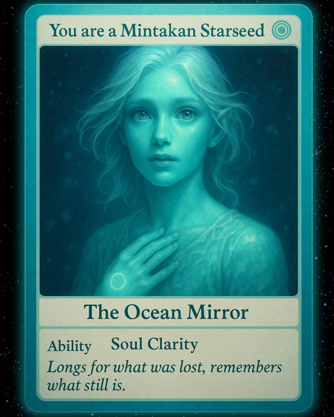 Card featuring a Mintakan Alien with blue skin and text 'You are a Mintakan Starseed' on a dark background