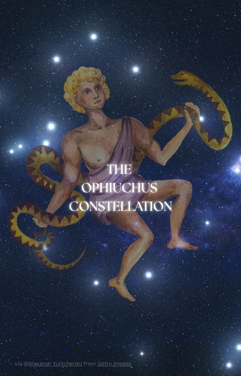 a drawing of the Ophiuchus constellation mysthology against constellation background