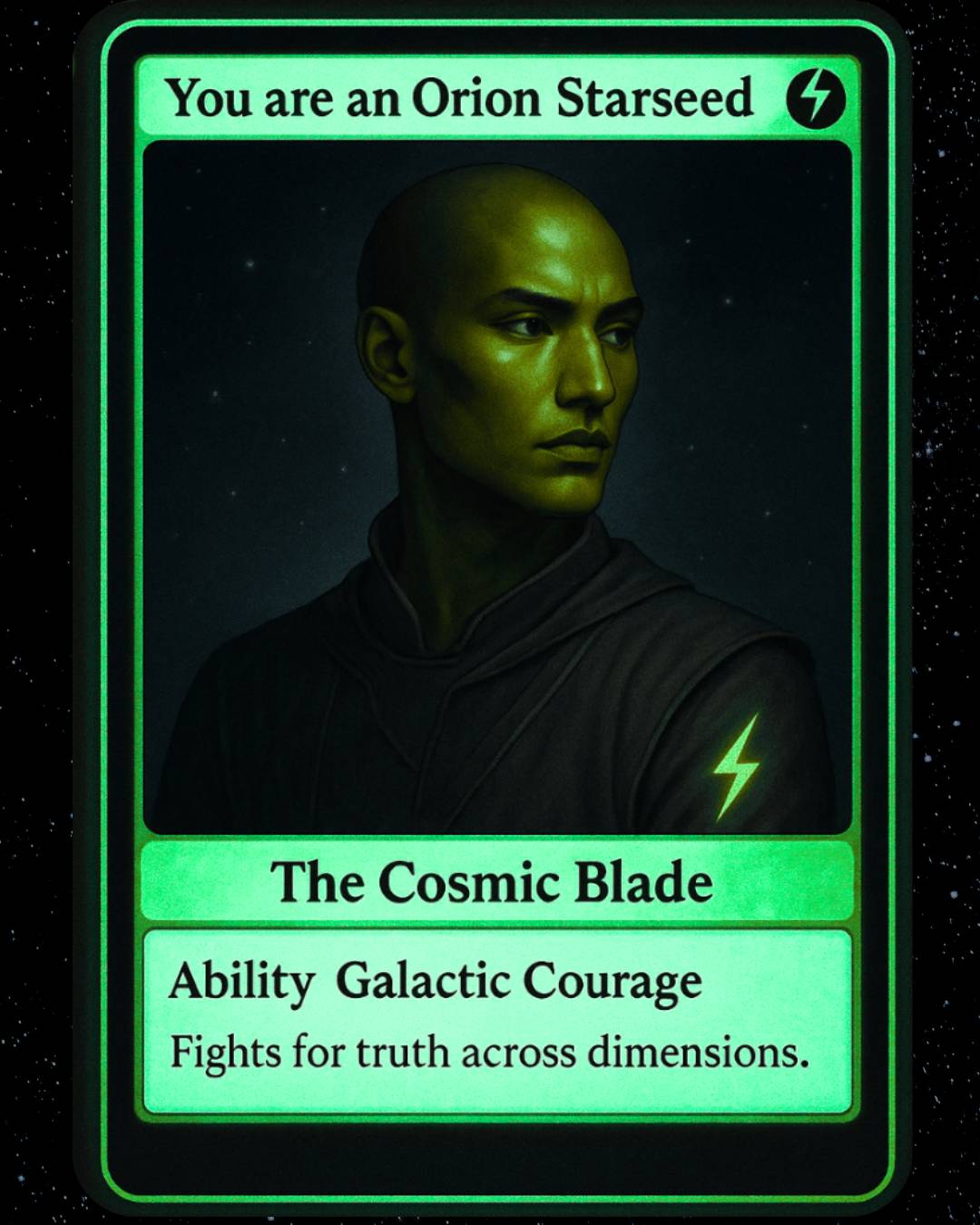 Card featuring an alien labeled 'Orion Starseed' with glowing green text and portrait.